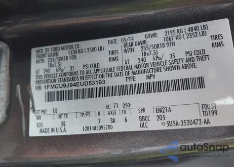 2014 Ford Escape Titanium z USA, uszkodzony, nr VIN 1FMCU9J94EUD53193